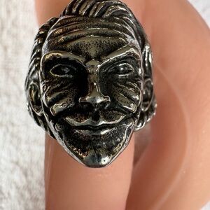 Goth - Bold Joker Face Statement Ring - Silver Tone